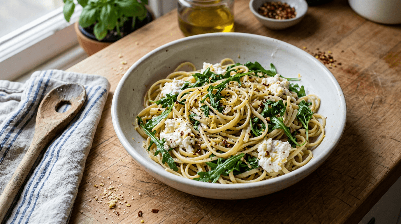 Quick Rocket and Lemon Ricotta Pasta — finished dish