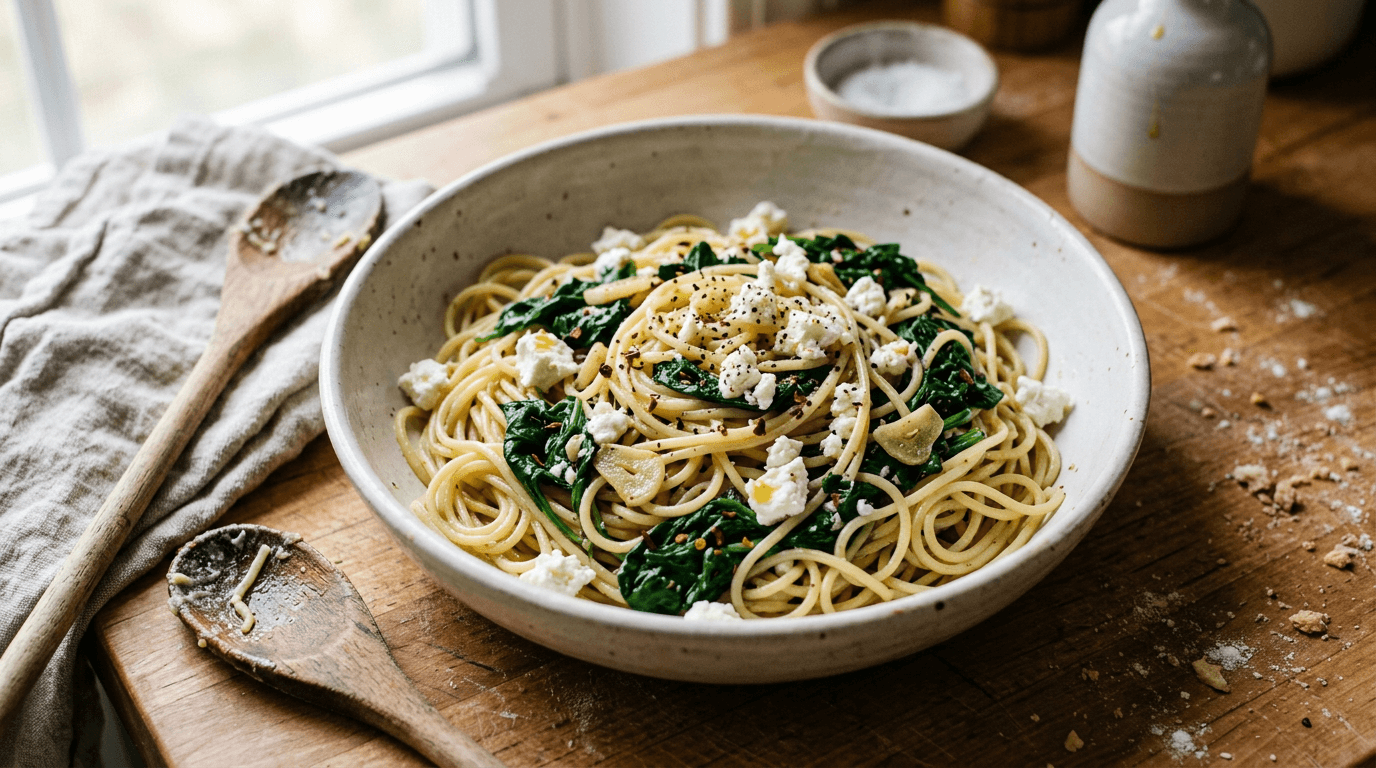 Wilted Spinach and Feta Pasta — finished dish