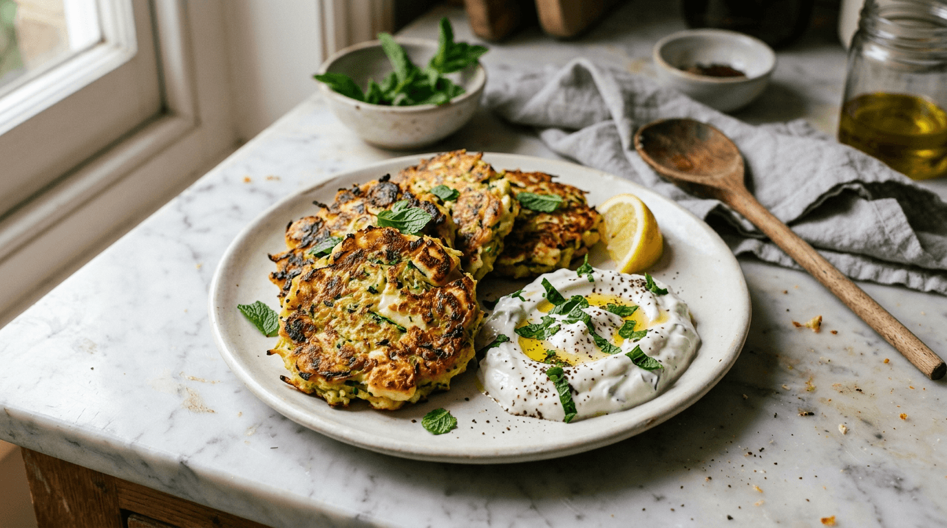 Courgette and Halloumi Fritters with Mint Yogurt — finished dish